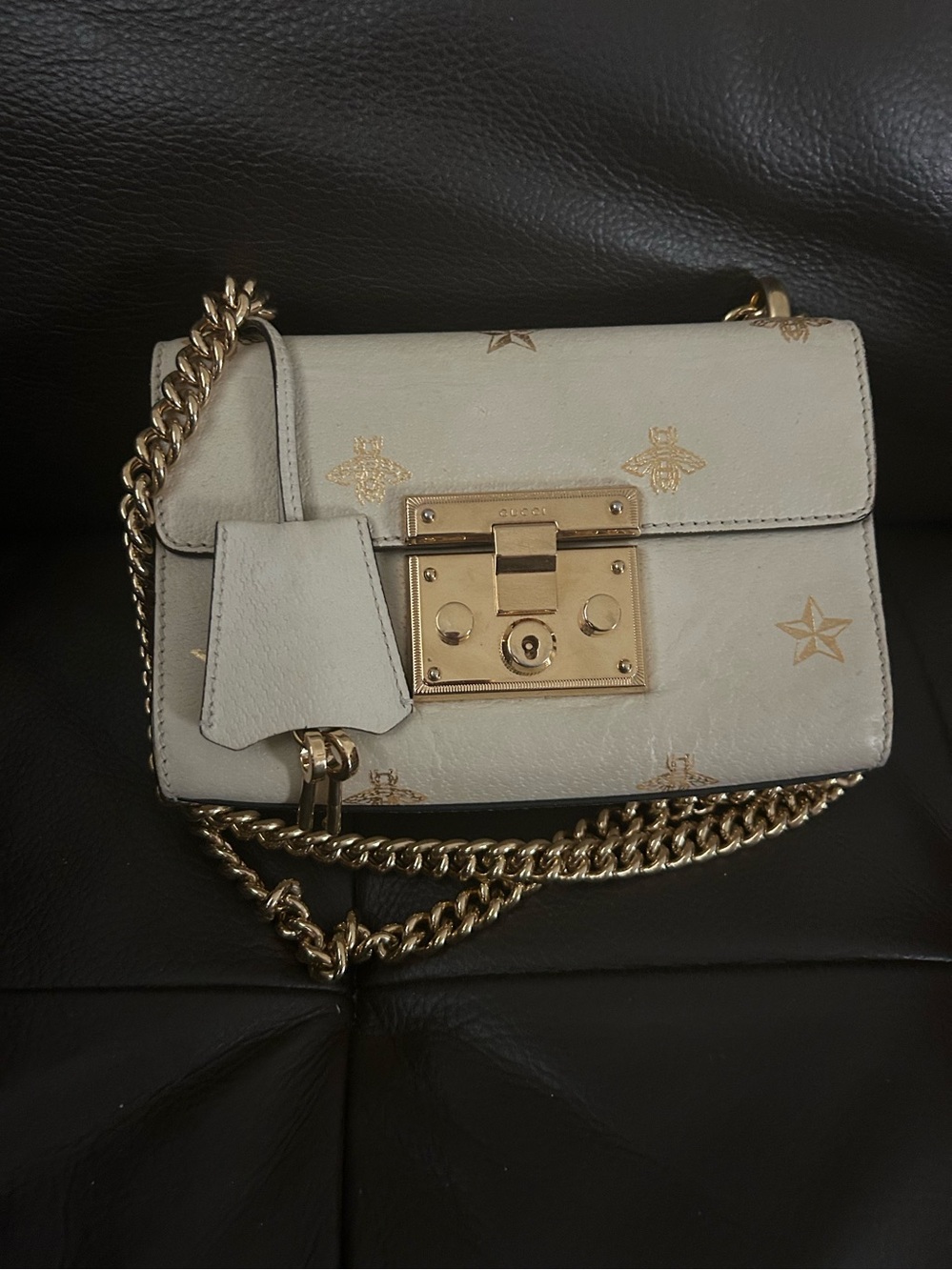Gucci Cream Leather Crossbody Bag with Gold Hardware and Bee Motif
